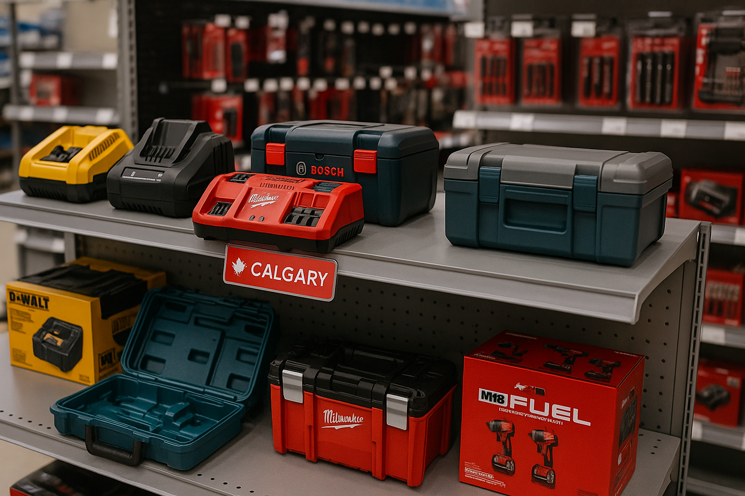 Comparing Electrician Tool Brands – Trusted Gear Review | Alberta Breaker 4 Toolboxes and battery chargers from top electrician tool brands including Milwaukee, DeWalt, and Bosch arranged on store shelves at Alberta Breaker & Supply Co Ltd in Calgary