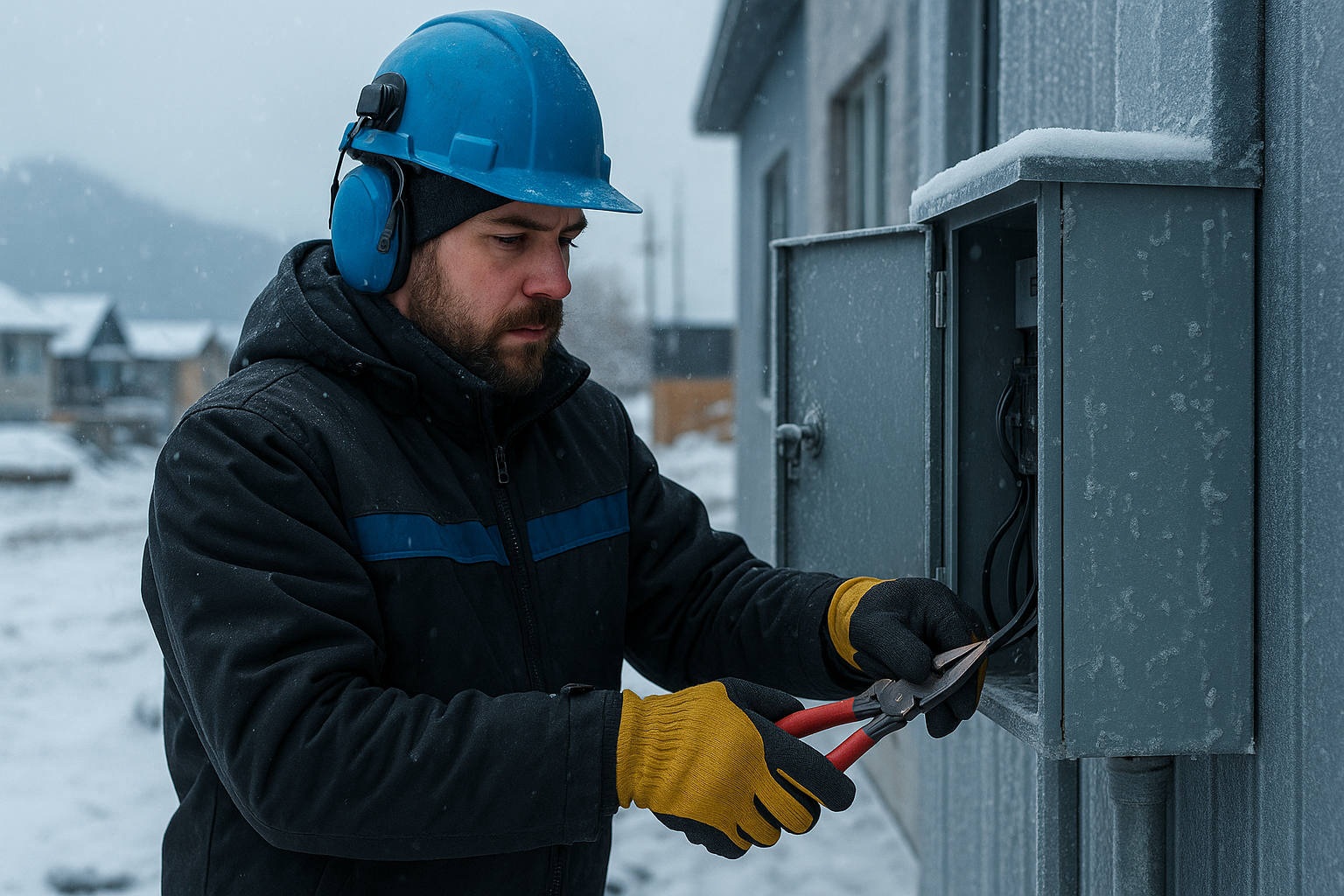 Comparing Electrician Tool Brands – Trusted Gear Review | Alberta Breaker 3 Electrician with protective gear and insulated gloves works on an outdoor electrical panel in snowy winter conditions using professional-grade tools
