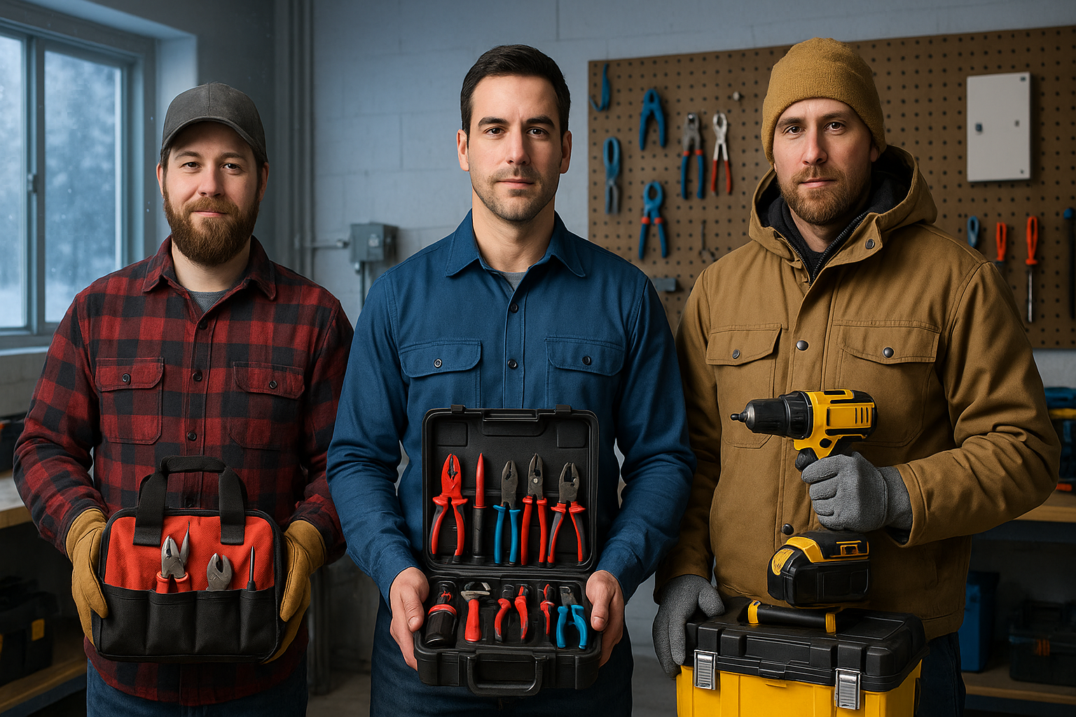 Comparing Electrician Tool Brands – Trusted Gear Review | Alberta Breaker 5 Three electricians in a workshop hold various professional tool kits including insulated pliers, hand tools, and a power drill, representing different electrician tool brands for comparison in Calgary and Edmonton.