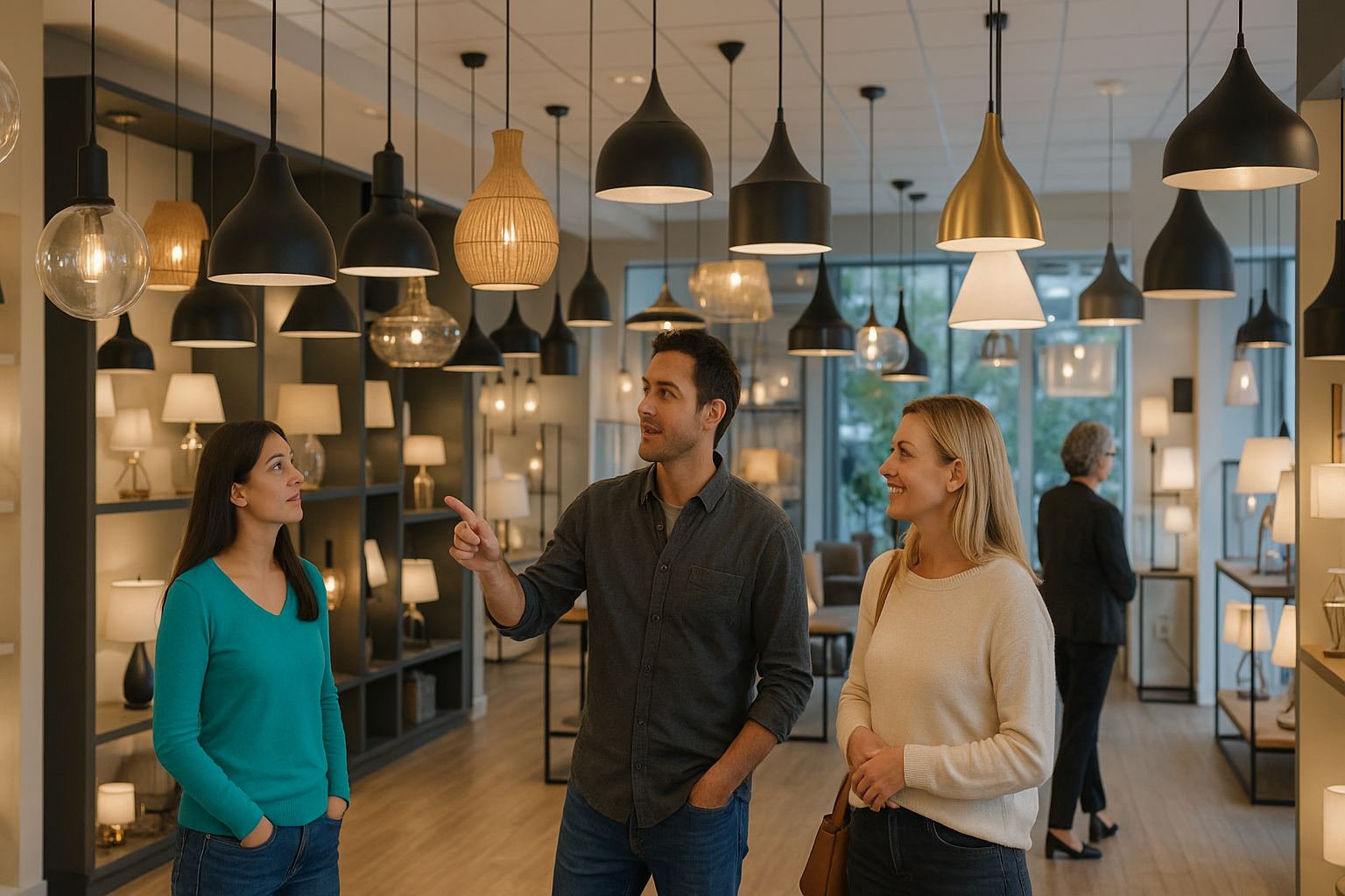 Pendant Lights for Dining Rooms – Top Styles in Calgary 3 Three people viewing a wide selection of modern pendant lights in a bright lighting showroom, featuring various designs suitable for dining rooms in Calgary and Edmonton.